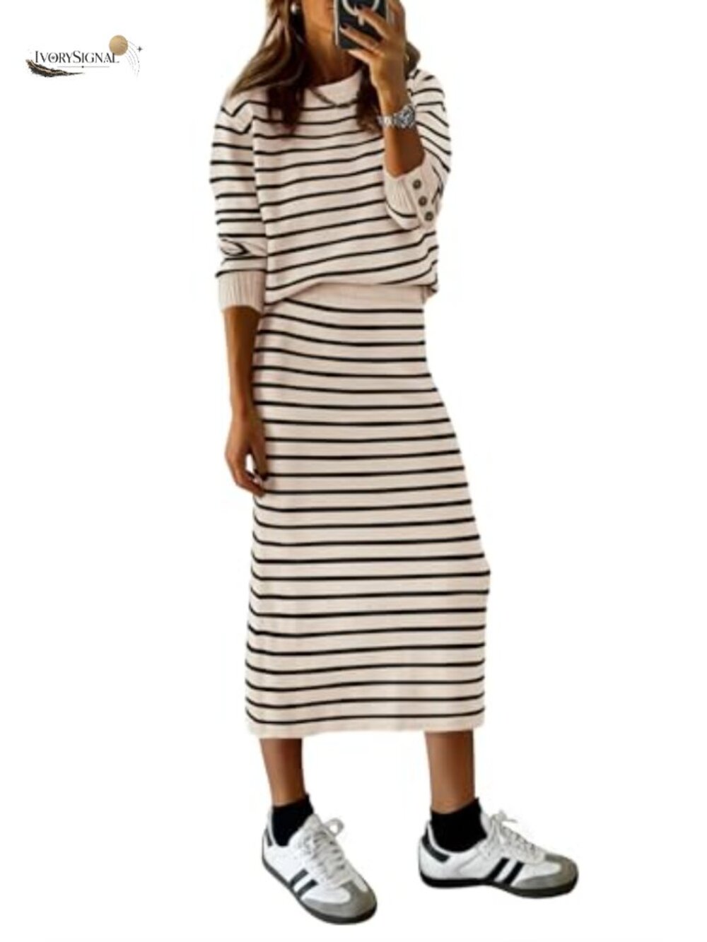 2 Piece Striped Knit Sweater and Midi Skirt Matching Set Slouchy Fall Outfit